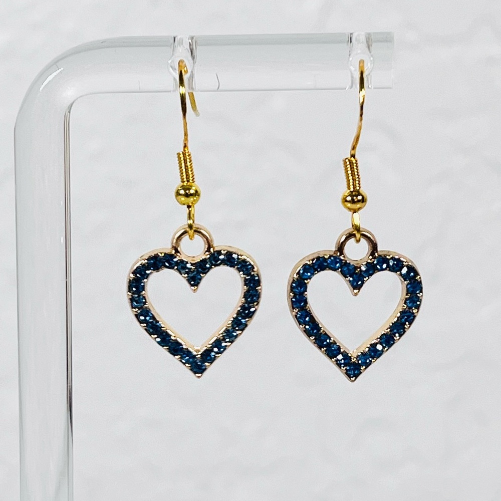 Heart Earrings With Blue Rhinestones In Gold Tone